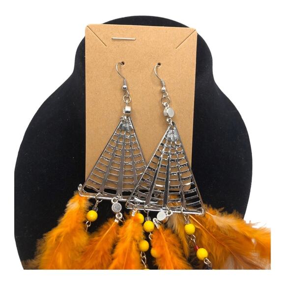 Boho Chic Pattern Metal Chandelier With Beads And Orange Feathers Earrings - Picture 10 of 12